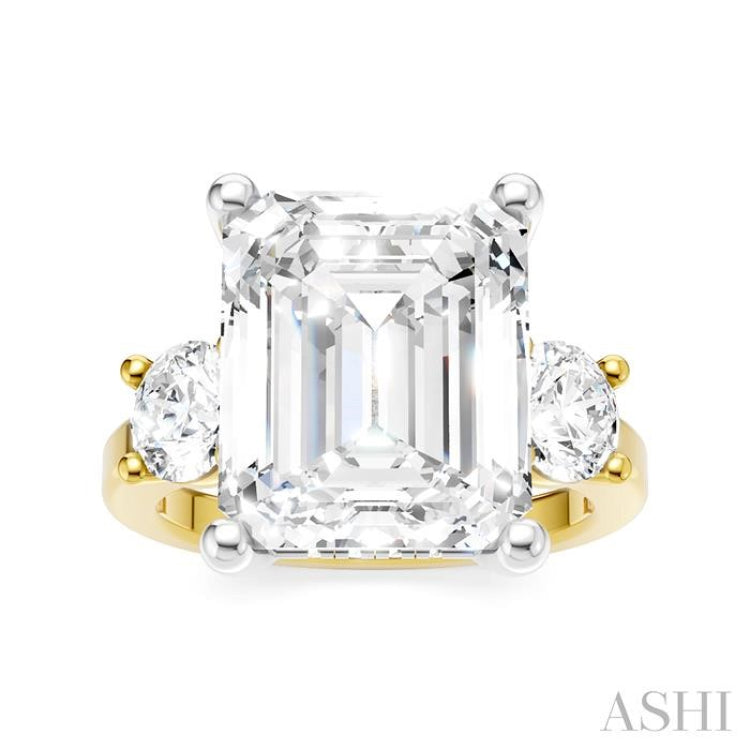 1 1/10 Ctw Tri-Mount Emerald Shape Center Round Cut Diamond Semi-Mount Engagement Ring in 14K Yellow and White Gold
