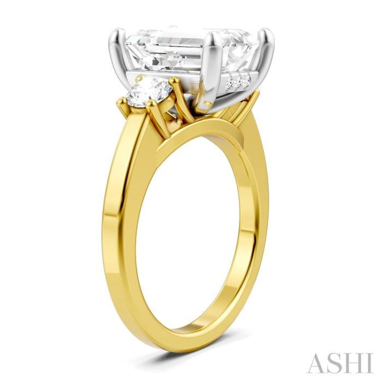 1/2 Ctw Tri-Mount Emerald Shape Center Round Cut Diamond Semi-Mount Engagement Ring in 14K Yellow and White Gold