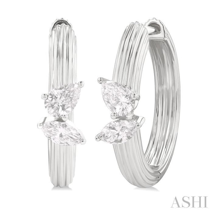 3/8 Ctw Marquise and Pear Cut Diamond Ribbed Hoop Fashion Earrings in 14K White Gold