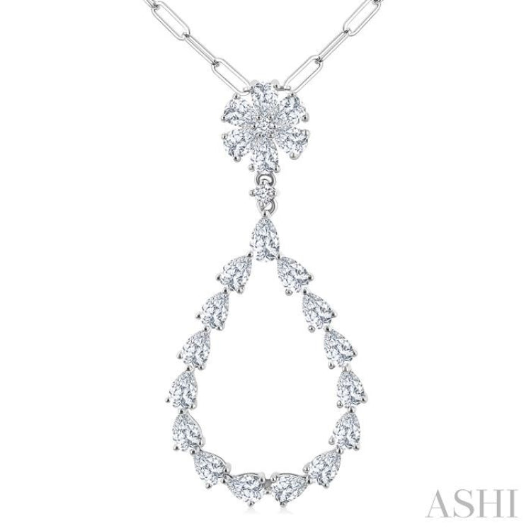 1 7/8 Ctw Floral Open Window Pear and Round Cut Diamond Dangle Fashion Pendant With Chain in 14K White Gold