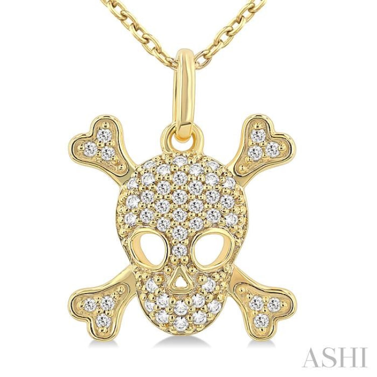 1/6 Ctw Petite Skull Single Cut Diamond Fashion Pendant With Chain in 10K Yellow Gold