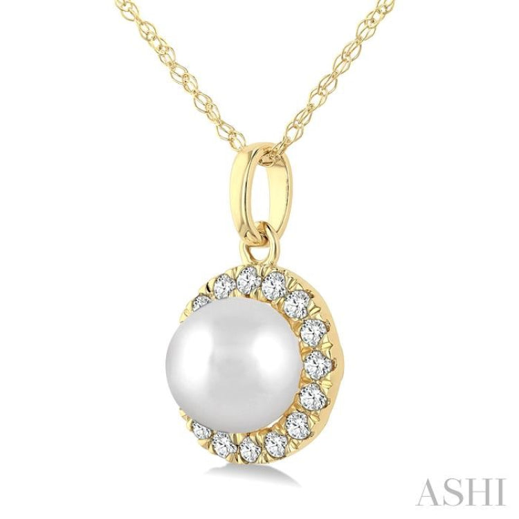 5 MM White Cultured Pearl and 1/20 Ctw Single Cut Diamond Halo Pendant With Chain in 10K Yellow Gold