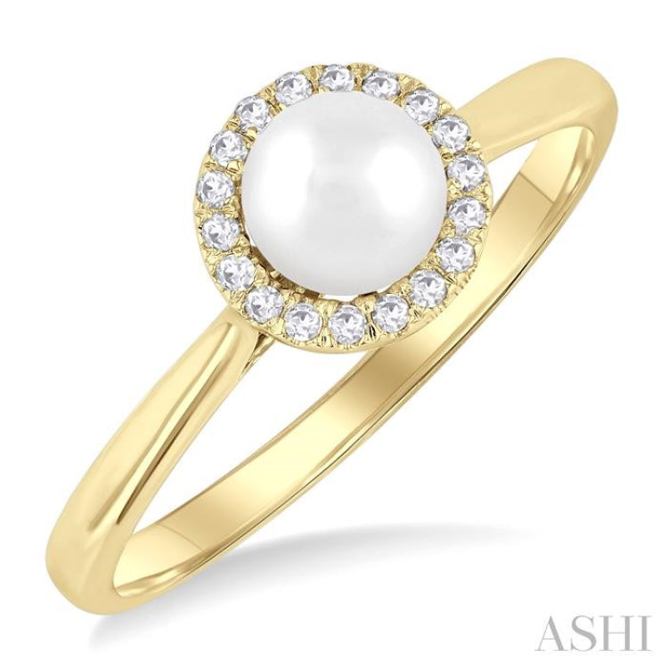 5 MM White Cultured Pearl and 1/20 Ctw Round Cut Diamond Halo Ring in 10K Yellow Gold
