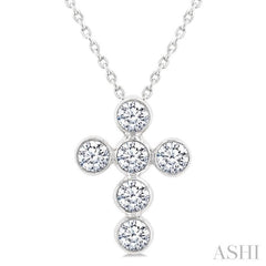 3/4 Ctw Round Cut Diamond 6-Stone Bezel Set Cross Pendant With Chain in 14K White Gold