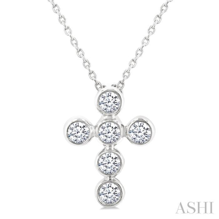 1/4 Ctw Round Cut Diamond 6-Stone Bezel Set Cross Pendant With Chain in 14K White Gold
