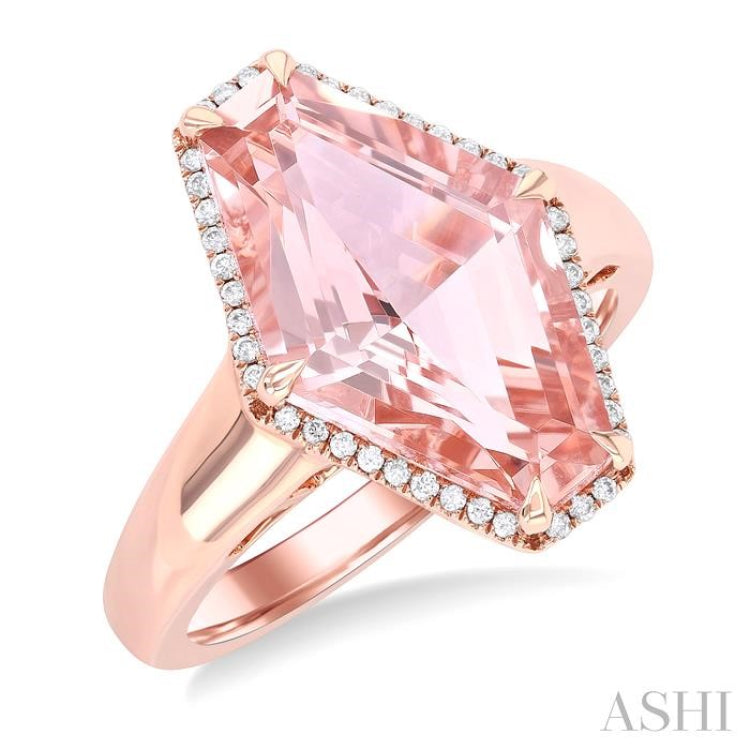 16x10 MM Hexagon Shape Morganite and 1/10 Ctw Round Cut Diamond Halo Semi-Precious Ring in 14K Rose Gold