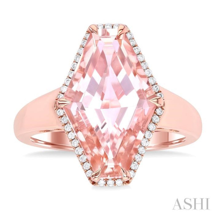 16x10 MM Hexagon Shape Morganite and 1/10 Ctw Round Cut Diamond Halo Semi-Precious Ring in 14K Rose Gold