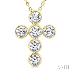 1 Ctw Round Cut Diamond 6-Stone Bezel Set Cross Pendant With Chain in 14K Yellow Gold