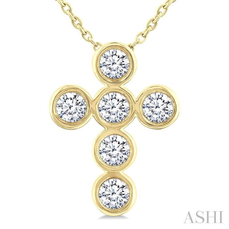 1/2 Ctw Round Cut Diamond 6-Stone Bezel Set Cross Pendant With Chain in 14K Yellow Gold