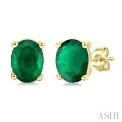 4X3 MM Oval Shape Emerald Precious Stud Earrings in 14K Yellow Gold