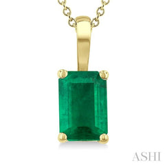 6X4 MM Octagon Shape Emerald Precious Solitaire Pendant With Chain in 14K Yellow Gold