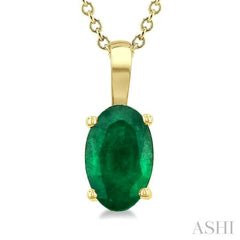 6X4 MM Oval Shape Emerald Precious Solitaire Pendant With Chain in 14K Yellow Gold