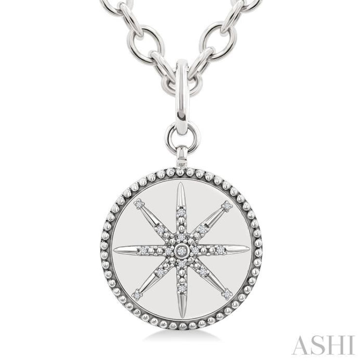 1/20 Ctw Compass medallion Single Cut Diamond Pendant With Chain in Sterling Silver