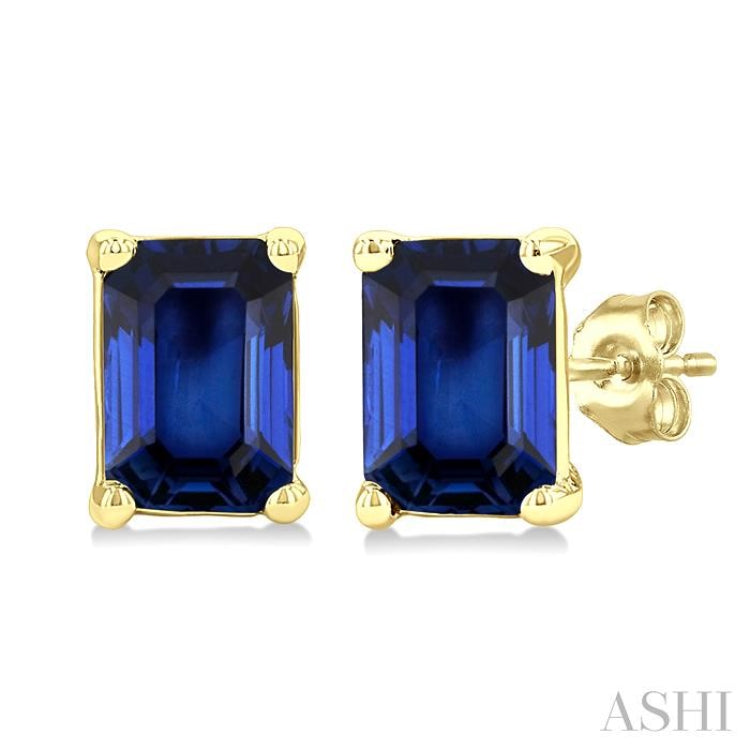 4X3 MM Octagon Shape Sapphire Precious Stud Earrings in 14K Yellow Gold