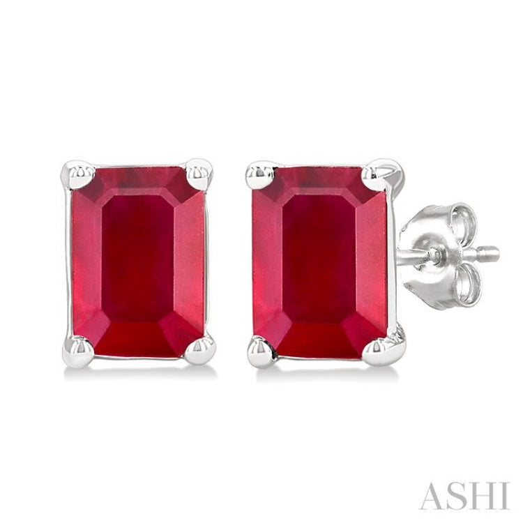 4X3 MM Octagon Shape Ruby Precious Stud Earrings in 14K White Gold