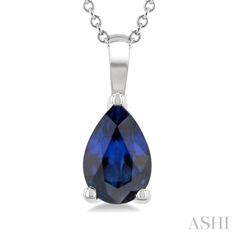 6X4 MM Pear Shape Sapphire Precious Solitaire Pendant With Chain in 14K White Gold