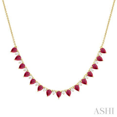 4x3 MM Pear Shape Ruby and 1/2 Ctw Round Cut Diamond Precious Tennis Necklace in 14K Yellow Gold
