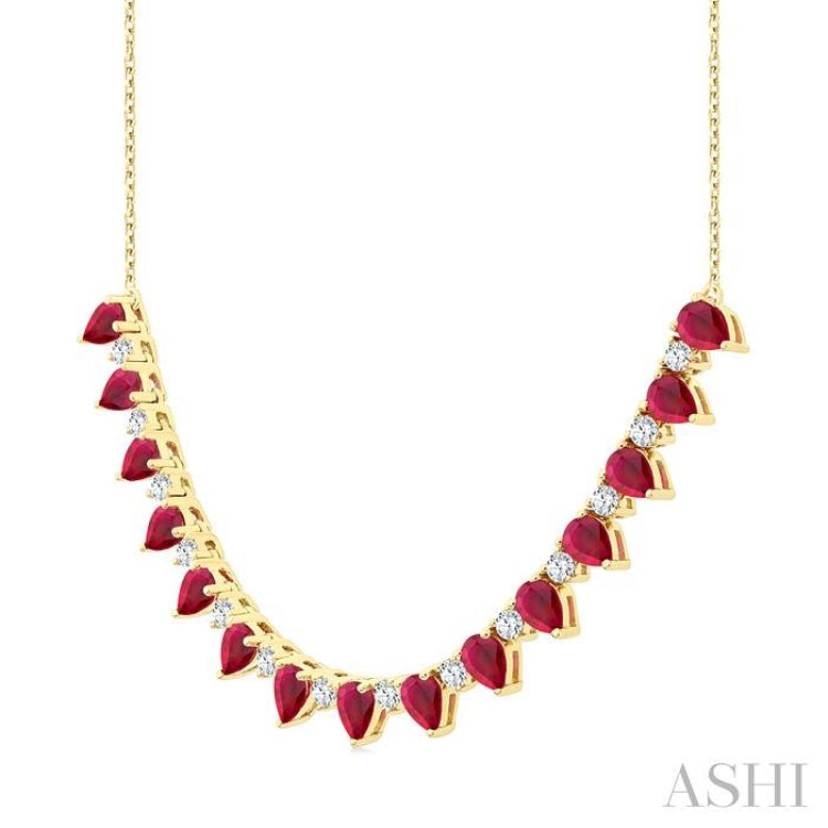 4x3 MM Pear Shape Ruby and 1/2 Ctw Round Cut Diamond Precious Tennis Necklace in 14K Yellow Gold