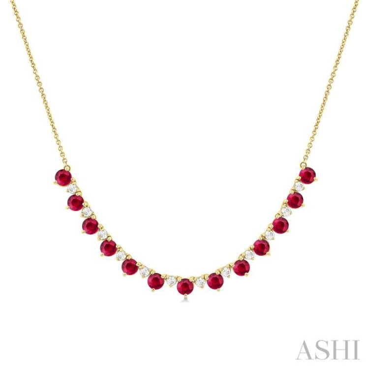 3.5 MM Round Shape Ruby and 1/2 Ctw Round Cut Diamond Precious Tennis Necklace in 14K Yellow Gold