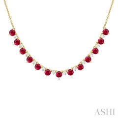 3.5 MM Round Shape Ruby and 1/2 Ctw Round Cut Diamond Precious Tennis Necklace in 14K Yellow Gold