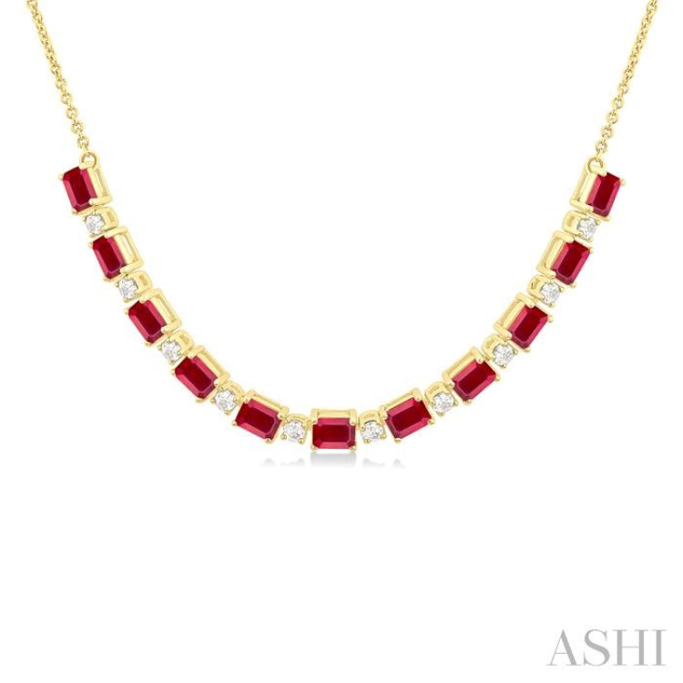 4X3 MM Octagon Shape Ruby and 1/2 Ctw Round Cut Diamond Precious Tennis Necklace in 14K Yellow Gold