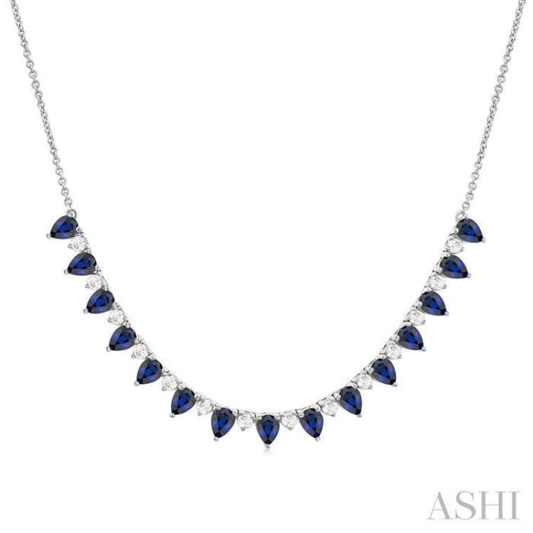 4x3 MM Pear Shape Sapphire and 1/2 Ctw Round Cut Diamond Precious Tennis Necklace in 14K White Gold