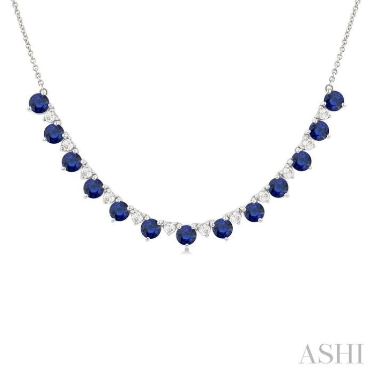 3.5 MM Round Shape Sapphire and 1/2 Ctw Round Cut Diamond Precious Tennis Necklace in 14K White Gold
