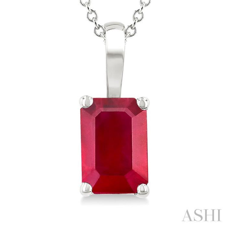 6X4 MM Octagon Shape Ruby Precious Solitaire Pendant With Chain in 14K White Gold