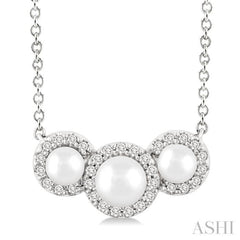 1/8 Ctw Past, Present & Future 4MM & 3MM Cultured Pearl and Round Cut Diamond Halo Pendant With Chain in 14K White Gold