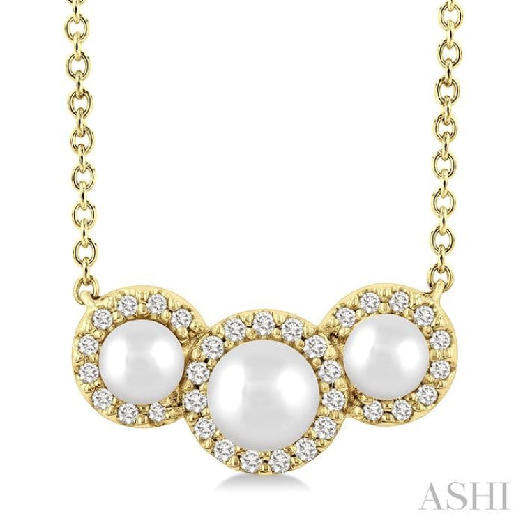 1/8 Ctw Past, Present & Future 4MM & 3MM Cultured Pearl and Round Cut Diamond Halo Pendant With Chain in 14K Yellow Gold
