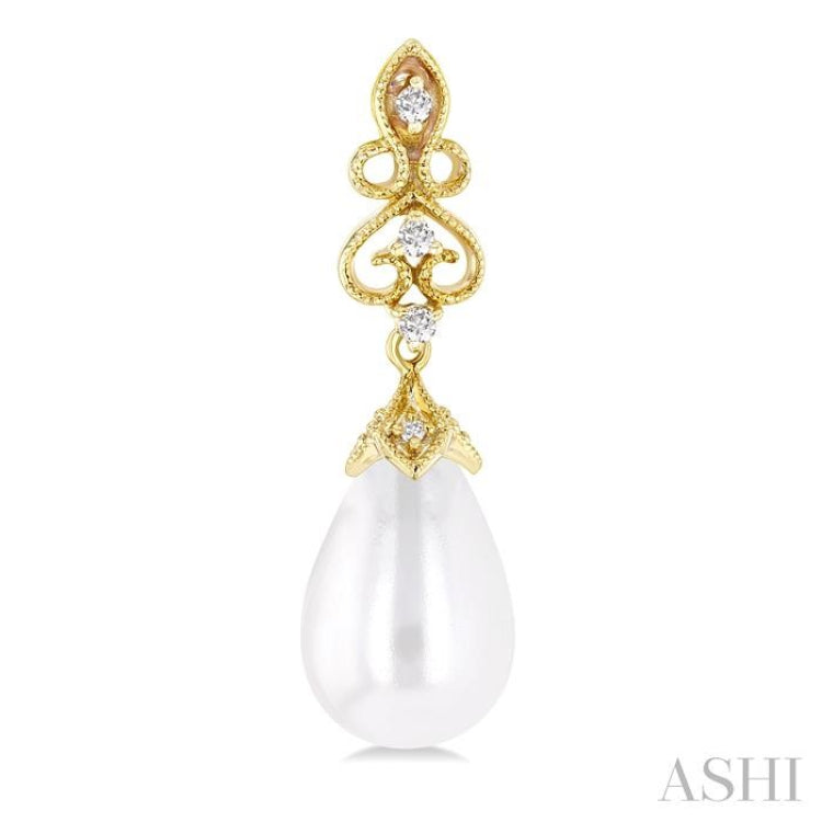 8X6 MM Cultured Pearl and 1/20 Ctw Round Cut Diamond Earrings in 10K Yellow Gold