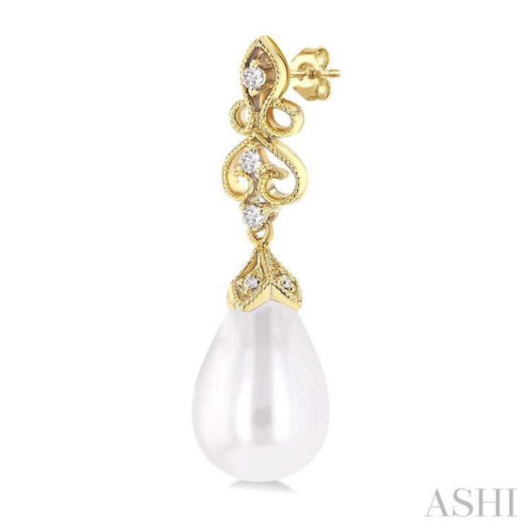 8X6 MM Cultured Pearl and 1/20 Ctw Round Cut Diamond Earrings in 10K Yellow Gold