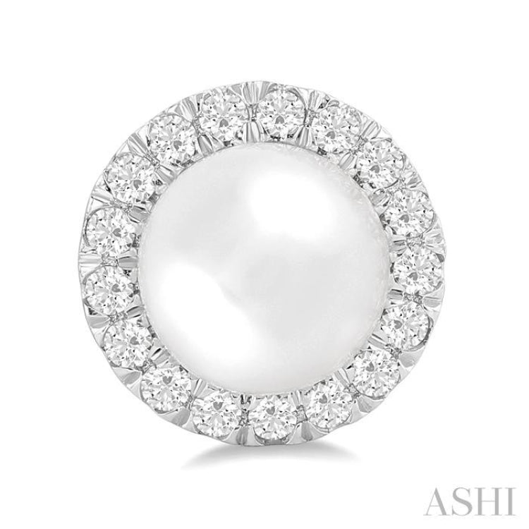 6 MM White Cultured Pearl and 1/4 Ctw Round Cut Diamond Halo Stud Earrings in 14K White Gold