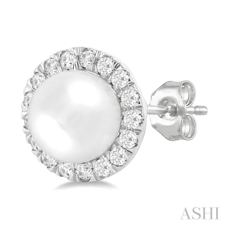 6 MM White Cultured Pearl and 1/4 Ctw Round Cut Diamond Halo Stud Earrings in 10K White Gold