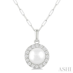 6 MM Cultured White Pearl and 1/6 Ctw Single Cut Diamond Halo Pendant With Chain in 10K White Gold