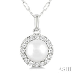 6 MM Cultured White Pearl and 1/6 Ctw Single Cut Diamond Halo Pendant With Chain in 10K White Gold