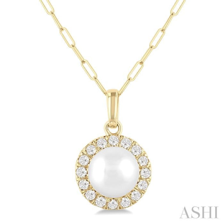 6 MM Cultured White Pearl and 1/6 Ctw Single Cut Diamond Halo Pendant With Chain in 10K Yellow Gold