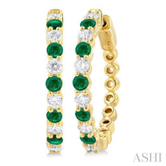 2.7 MM Round Cut Emerald and 7/8 Ctw Round Cut Diamond Precious Hoop Earring in 14K Yellow Gold