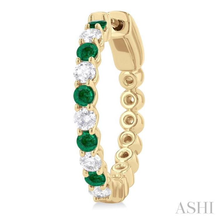 2.4 MM Round Cut Emerald and 5/8 Ctw Round Cut Diamond Precious Hoop Earring in 14K Yellow Gold