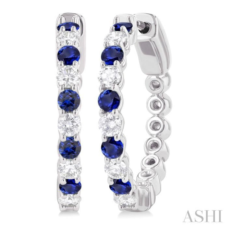 2.4 MM Round Cut Sapphire and 5/8 Ctw Round Cut Diamond Precious Hoop Earring in 14K White Gold