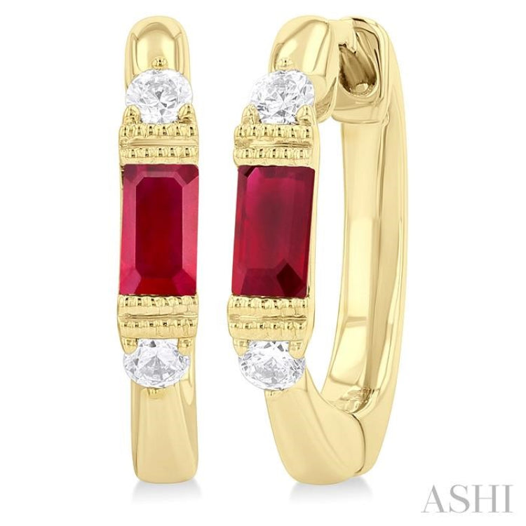 4X2 MM Baguette Cut Ruby and 1/10 Ctw Round Cut Diamond Precious Hoop Earring in 10K Yellow Gold