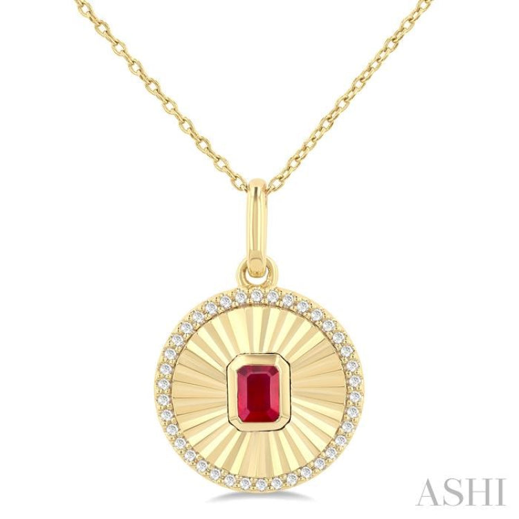 4X3 MM Octagon Shape Ruby and 1/8 Ctw Single Cut Diamond Precious Fluted Medallion Pendant in 10K Yellow Gold with Chain