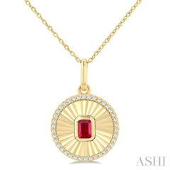 4X3 MM Octagon Shape Ruby and 1/8 Ctw Single Cut Diamond Precious Fluted Medallion Pendant in 10K Yellow Gold with Chain