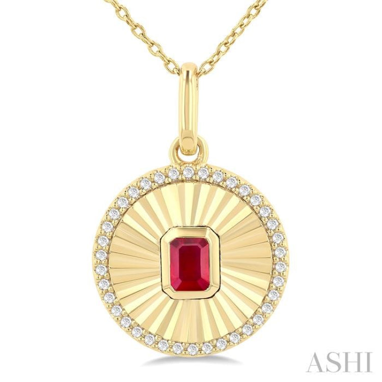 4X3 MM Octagon Shape Ruby and 1/8 Ctw Single Cut Diamond Precious Fluted Medallion Pendant in 10K Yellow Gold with Chain
