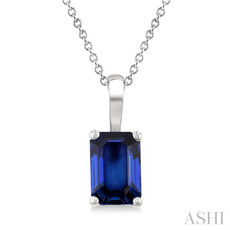 6X4 MM Octagon Shape Sapphire Precious Solitaire Pendant With Chain in 14K White Gold
