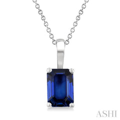 6X4 MM Octagon Shape Sapphire Precious Solitaire Pendant With Chain in 14K White Gold
