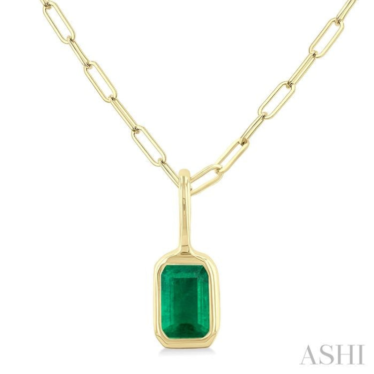 6x4 MM Bezel Set Emerald Cut Precious Fashion Pendant With Paperclip Chain in 14K Yellow Gold