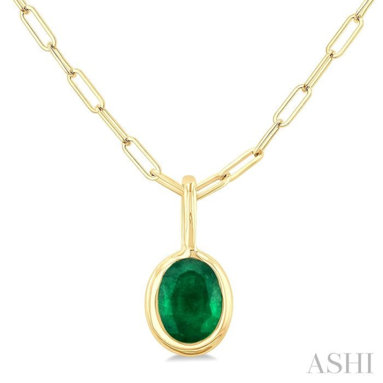6x4 MM Bezel Set Oval Cut Emerald Precious Fashion Pendant With Paperclip Chain in 14K Yellow Gold