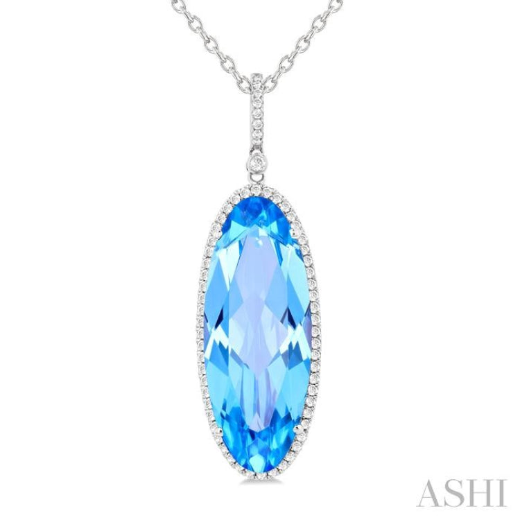 26x10 MM Oval Cut Blue Topaz and 1/3 Ctw Round Cut Diamond Semi-Precious Pendant With Chain in 14K White Gold