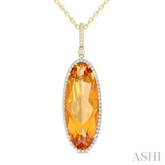 26x10 MM Oval Cut Citrine and 1/3 Ctw Round Cut Diamond Semi-Precious Pendant With Chain in 14K Yellow Gold